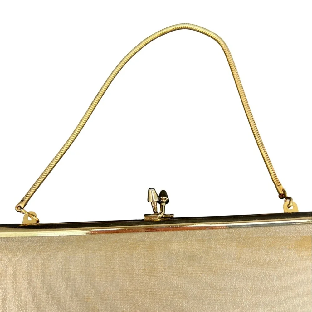 Vintage Style Clutch Champagne Satin Evening Bag Gold Chain Large